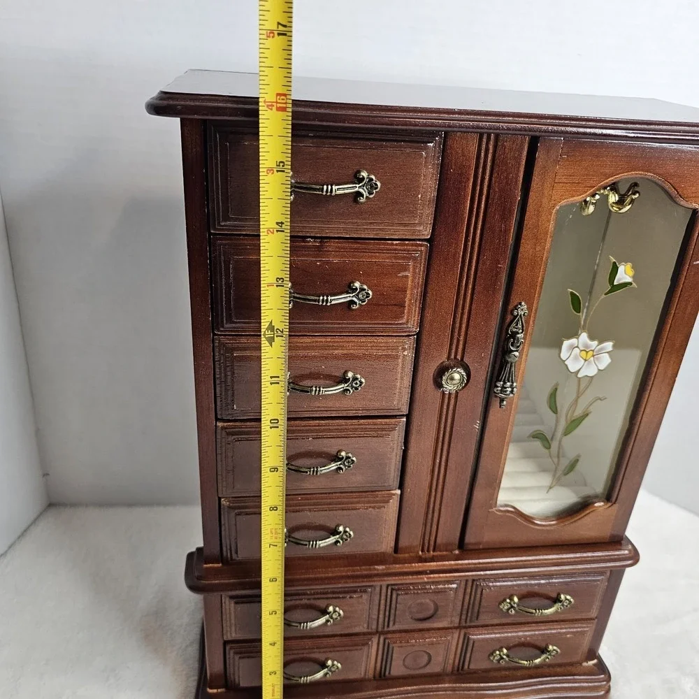 Vintage Jewelry Box Armoire Floral Glass Door 7 Drawers 12x16x5.25